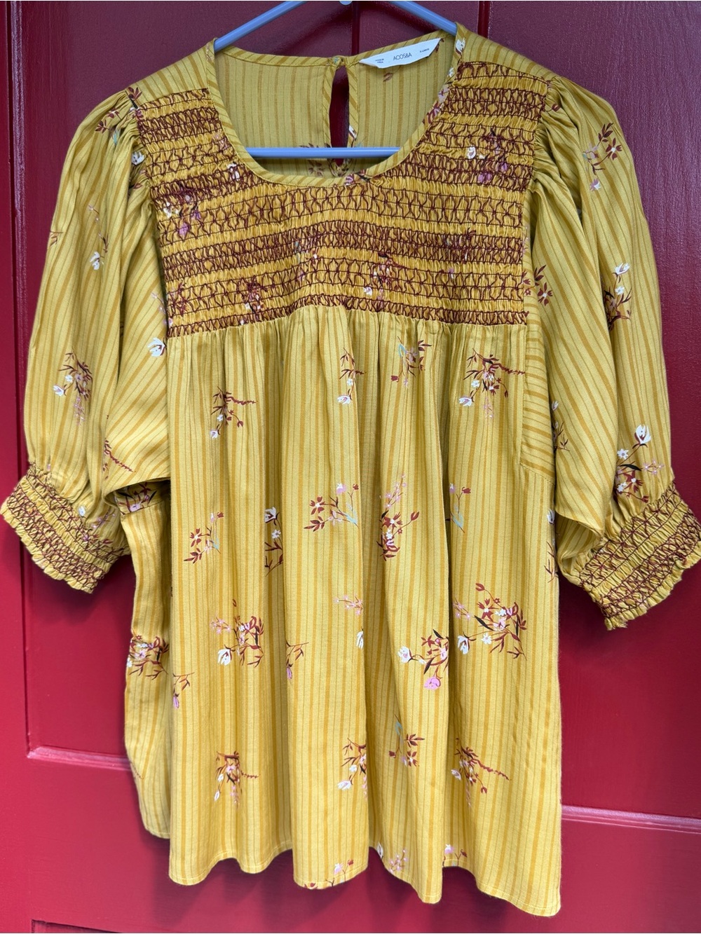 Acos&A Floral Mustard Smocked Flowy Peasant Blouse, Contrast Embroidery Size XL